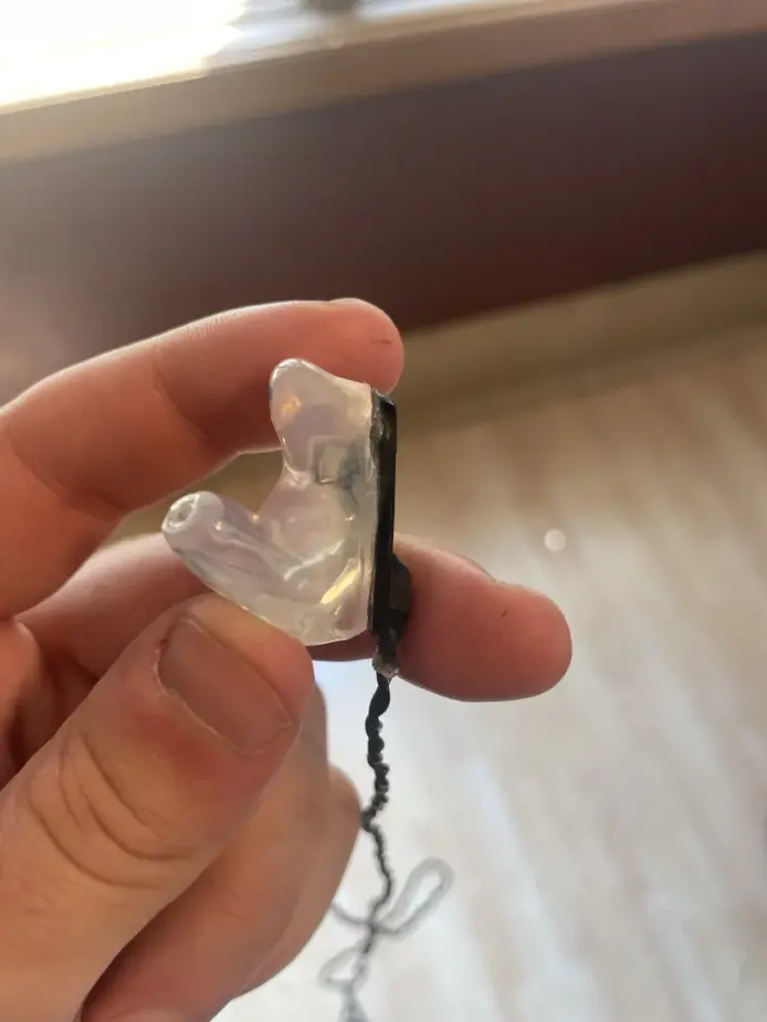 A clear soft-shell Big Ear custom IEM showing the driver inside